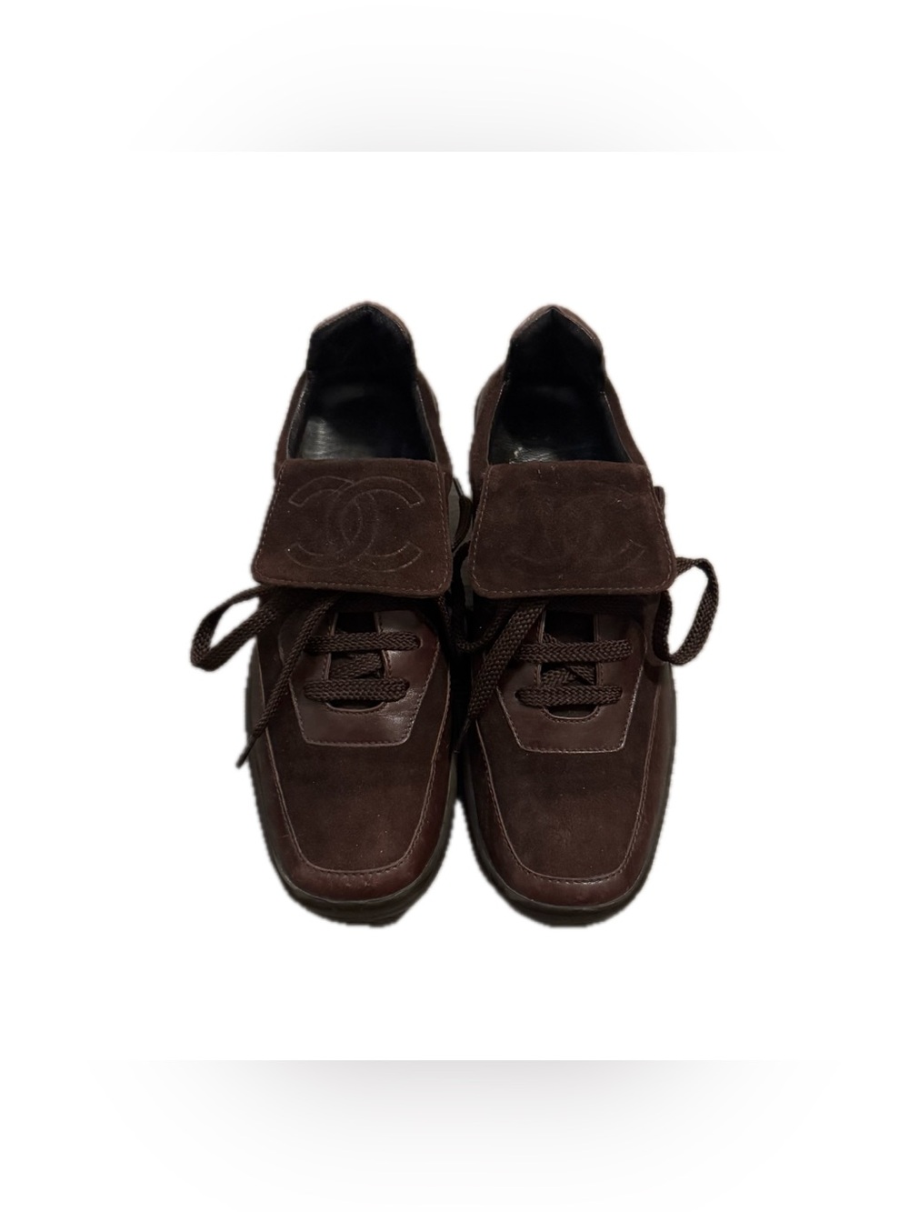 CHANEL Brown Suede Leather Lace-Up Sneakers Logo Accents Men EU 35